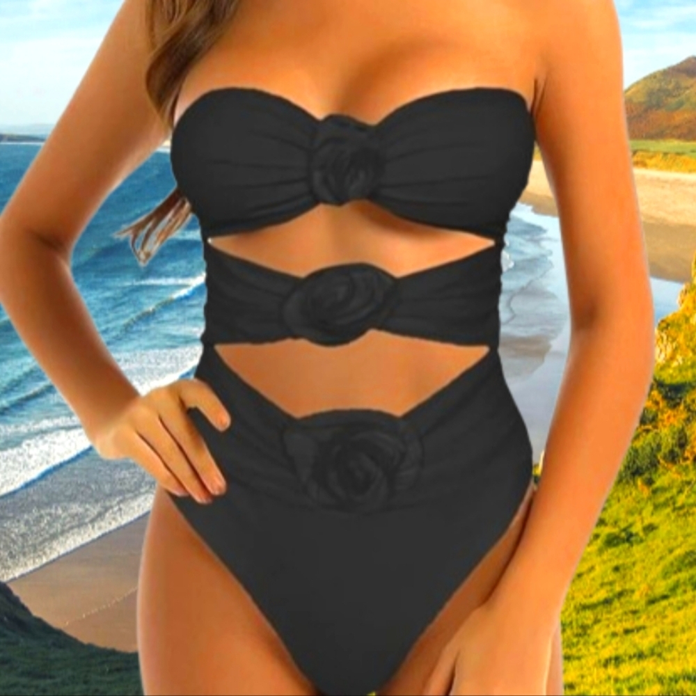 📣SherryDC Strapless Bandeau 3D Flower 🌸🎀 Be Tummy Control One Piece 🏊 Monoki